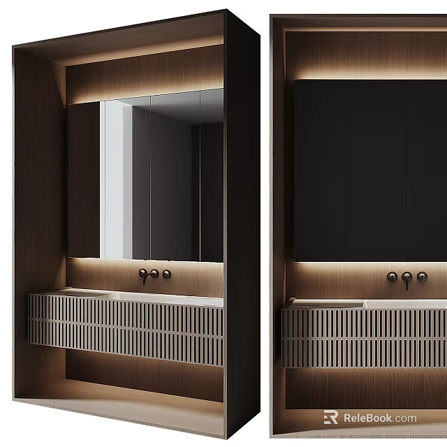 Modern Washbasin Design With Wooden Frame Mirror Striped Storage And Soft Lighting 3d model 