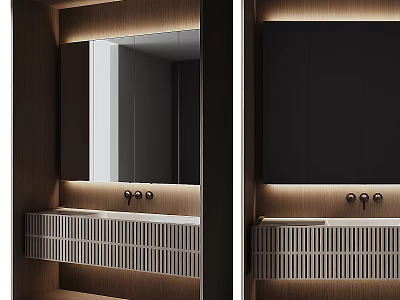 Modern Washbasin Design With Wooden Frame Mirror Striped Storage And Soft Lighting 3d model