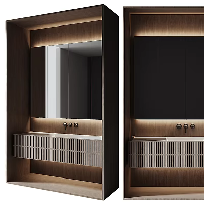 Modern Washbasin Design With Wooden Frame Mirror Striped Storage And Soft Lighting 3d model