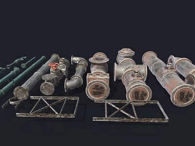 Various Types of Rusty Industrial Metal Pipes with Fittings Brackets and Supports 3d model