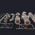 Various Types of Rusty Industrial Metal Pipes with Fittings Brackets and Supports