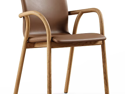 Modern Single Chair With Leather Seat Backrest And Wooden Curved Armrests 3d model