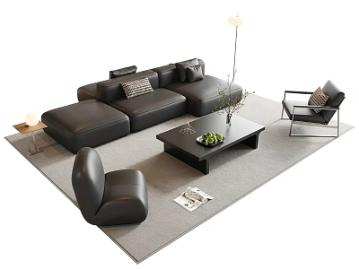 Modern Leather Sofa and Coffee Table Set With Accent Chair Floor Lamp Magazine And Carpet 3d model
