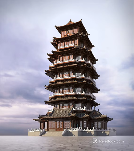 Ancient Chinese Pagoda Multi Story Traditional Wooden Architecture Ornate Eaves Cloudy Sky 3d model 