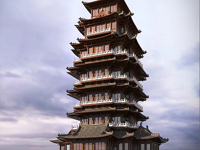 Ancient Chinese Pagoda Multi Story Traditional Wooden Architecture Ornate Eaves Cloudy Sky 3d model