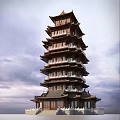 Ancient Chinese Pagoda Multi Story Traditional Wooden Architecture Ornate Eaves Cloudy Sky