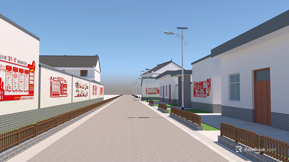 Neat Rural Residential Building Exterior Walls With Creative Red Cultural Mural Decorations Beside Village Road 3d model 
