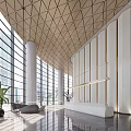 Modern Lobby Front Desk Reception With Large Windows White Columns Geometric Ceiling Sofa And Plant