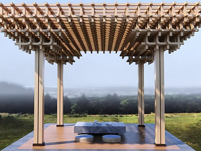 Wooden Landscape Pavilion With Grid Roof Stone Table And Misty Mountain View 3d model