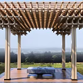Wooden Landscape Pavilion With Grid Roof Stone Table And Misty Mountain View