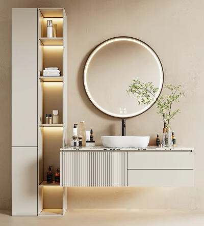 Bathroom Vanity With Round Illuminated Mirror White Basin Black Faucet And Striped Cabinet 3d model