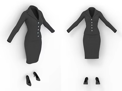 Professional Black Striped Dress With Button Details And Matching High Heels 3d model