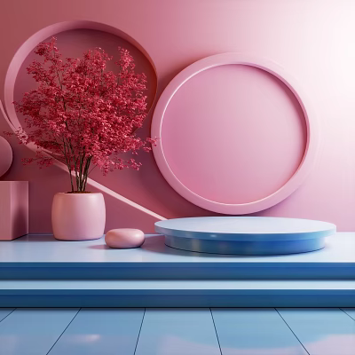 Pink Background Stylish Decorative Display With Circular Decor Pink Vase Red Flowers Light Blue Platform 3d model
