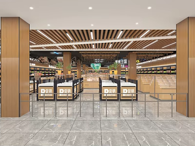 Modern Supermarket Interior With Wooden Pillars Shelves Checkout Counters Bright Lighting And Marble Floor 3d model