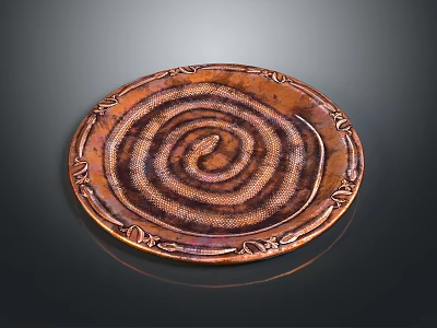 Wooden Desk With Decorative Copper Spiral Pattern Plate On Surface 3d model