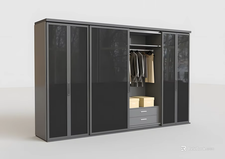 Modern Wardrobe With Glass Doors Hanging Clothes Drawers And Storage Boxes 3d model 