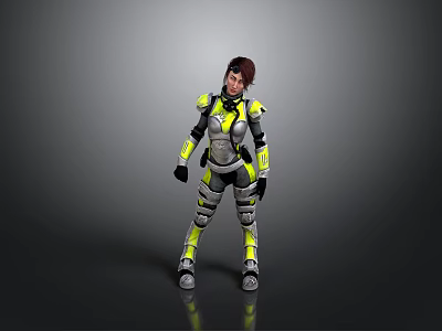 Futuristic Female Character In Yellow And Black Armor Suit Standing On Reflective Gray Background 3d model