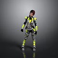 Futuristic Female Character In Yellow And Black Armor Suit Standing On Reflective Gray Background