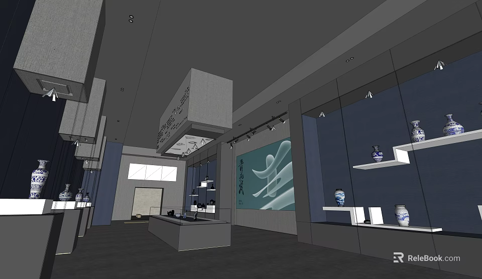 Modern Exhibition Hall Interior With Display Cases Porcelain Exhibits And Wall Art 3d model 