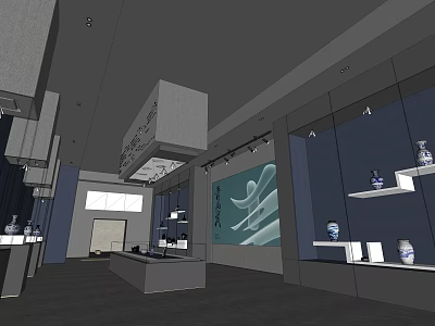 Modern Exhibition Hall Interior With Display Cases Porcelain Exhibits And Wall Art 3d model
