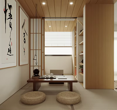 Japanese Style Tea Room Featuring Wooden Elements Calligraphy Paintings Woven Cushions And Tea Table 3d model