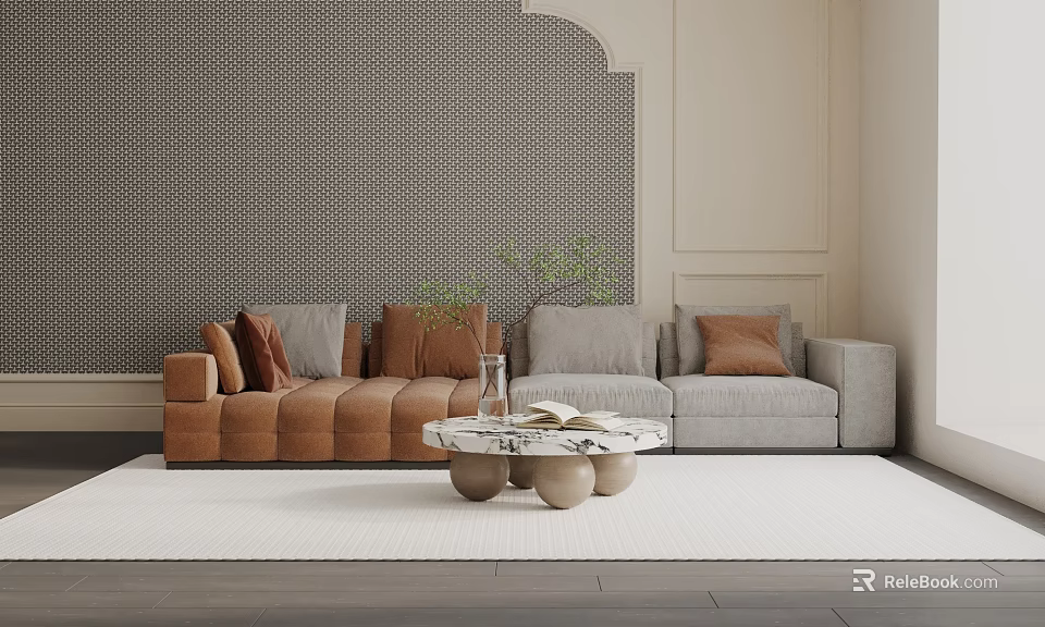 Stylish Brown and Gray Three-Seater Sofa with Plant Coffee Table Textured Wall on White Rug 3d model 