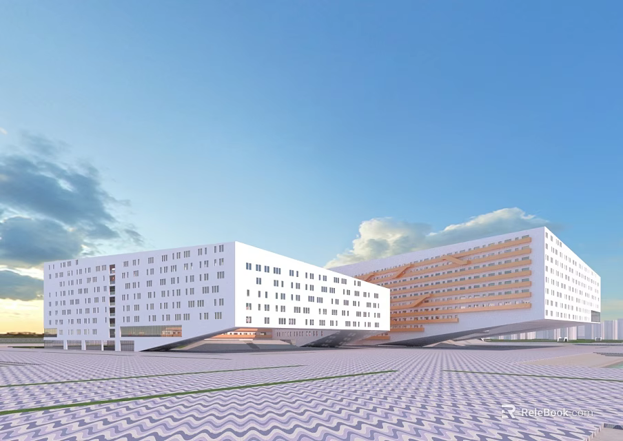 Modern Office Building Architectural Design With White Facade Geometric Structure And Large Windows 3d model