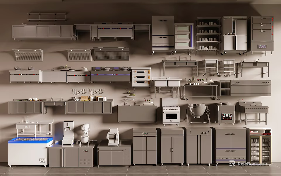 Variety Of Kitchen Cabinets And Appliances On 3d model 