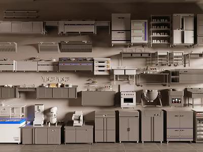 Variety Of Kitchen Cabinets And Appliances On 3d model