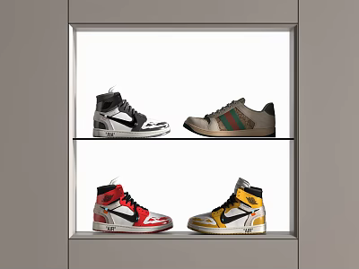 Various High Top and Low Top Shoes in Black Red Yellow Beige on Display Shelf 3d model