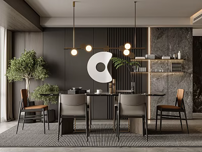 Modern Restaurant Interior With Dining Table Chairs Pendant Lights Green Plant And Marble Wall Decor 3d model