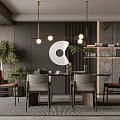 Modern Restaurant Interior With Dining Table Chairs Pendant Lights Green Plant And Marble Wall Decor