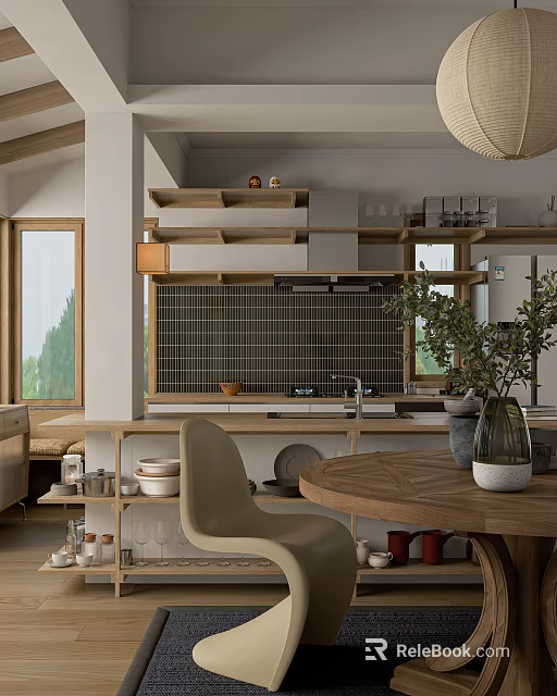 Modern Restaurant Interior With Wooden Dining Table Open Shelves Tile Backsplash And Natural Light 3d model 