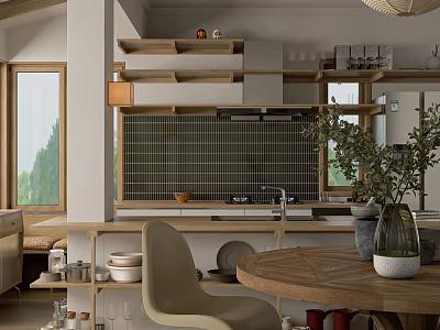 Modern Restaurant Interior With Wooden Dining Table Open Shelves Tile Backsplash And Natural Light 3d model