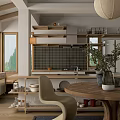 Modern Restaurant Interior With Wooden Dining Table Open Shelves Tile Backsplash And Natural Light