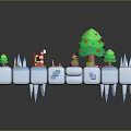 Green Christmas Tree Plants in Wintery 3D Scene with Snow Blocks Gifts Candy Canes Snowmen
