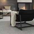 Modern Lounge Chairs In Cozy Living Room With Fireplace Flames And Snowy View