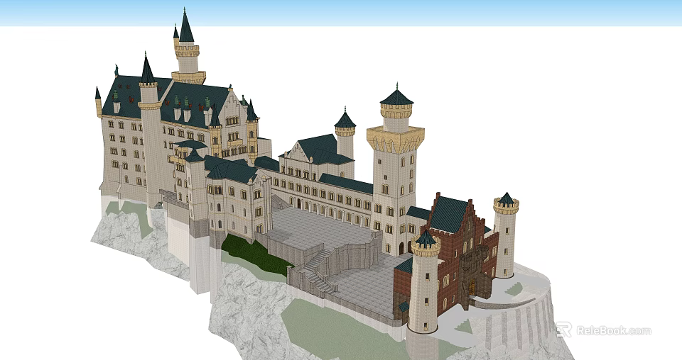 Ancient Castle Architecture With Towers Spires Stone Steps On Cliffside White Walls Green Roofs 3d model 