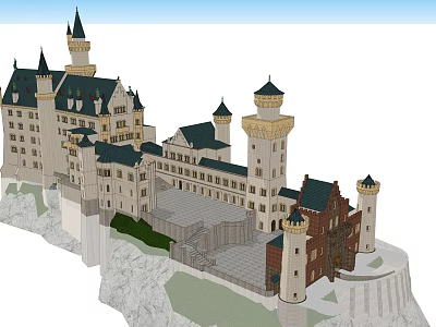 Ancient Castle Architecture With Towers Spires Stone Steps On Cliffside White Walls Green Roofs 3d model