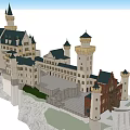Ancient Castle Architecture With Towers Spires Stone Steps On Cliffside White Walls Green Roofs