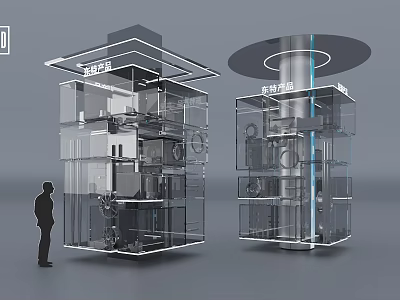 Modern Transparent Exhibition Pavilions With WORLD And FUTURE Signs And Human Figure 3d model