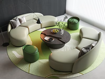 Modern Curved Beige Sofa Round Coffee Table Set With Green Ottoman And Plant 3d model
