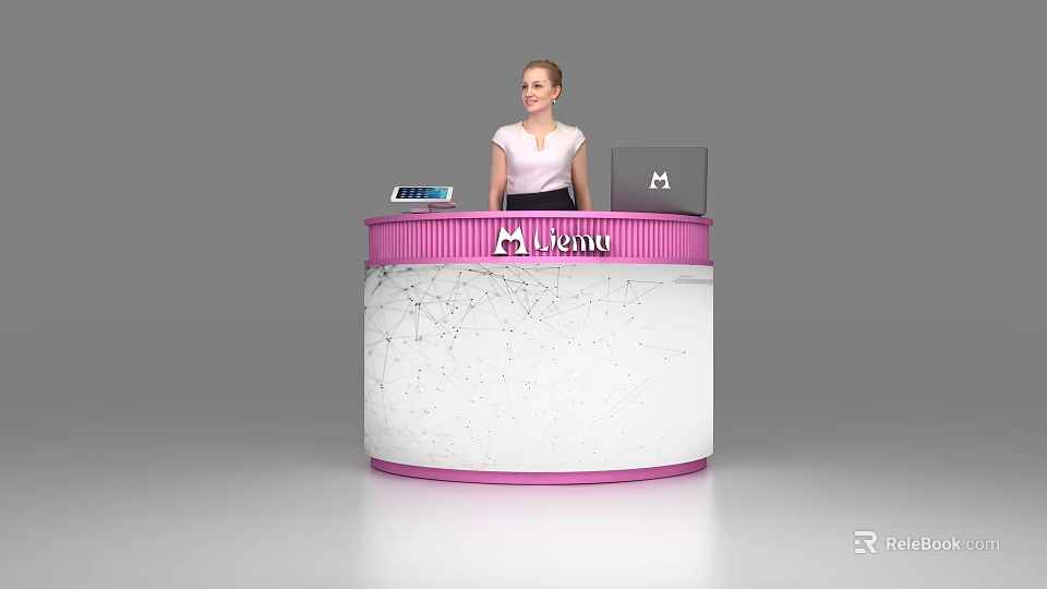 Pink And White Curved Reception Desk With Lemon Logo Laptop And Calculator 3d model 