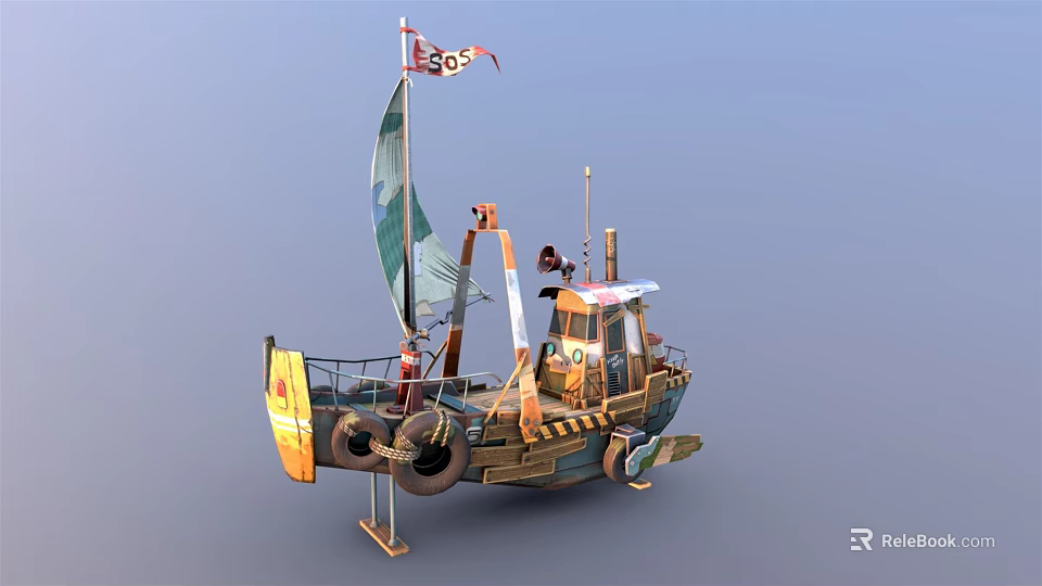 Vintage Wooden Boat With Sail Flag Tire Decorations And Brown Cabin Structure 3d model 