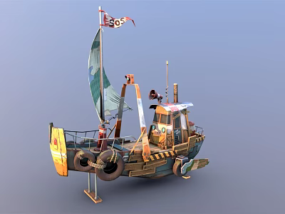 Vintage Wooden Boat With Sail Flag Tire Decorations And Brown Cabin Structure 3d model