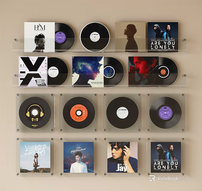 Unique Vinyl Record Decorative Set For Home Wall Display With Clear Shelves And Various Covers 3d model 