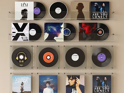 Unique Vinyl Record Decorative Set For Home Wall Display With Clear Shelves And Various Covers 3d model