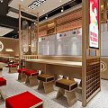 Chinese Restaurant Interior With Red Stools Wooden Tables And Counter Decor