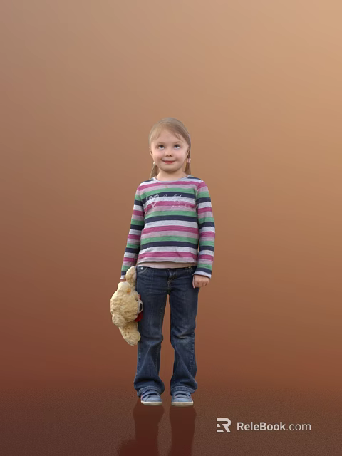 Little Girl In Striped Long Sleeve Shirt Blue Jeans Holding Teddy Bear Against Brown Background 3d model 