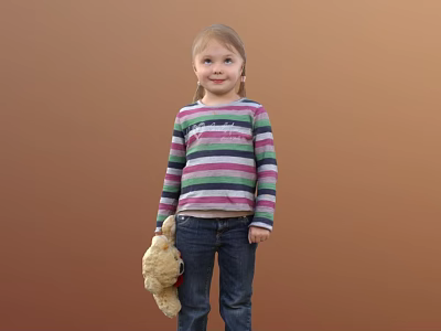 Little Girl In Striped Long Sleeve Shirt Blue Jeans Holding Teddy Bear Against Brown Background 3d model